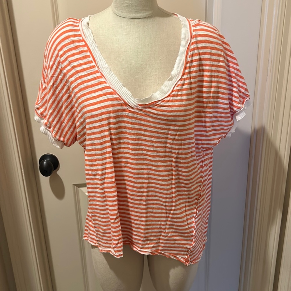 Free People Orange and White Striped V-Neck Tee